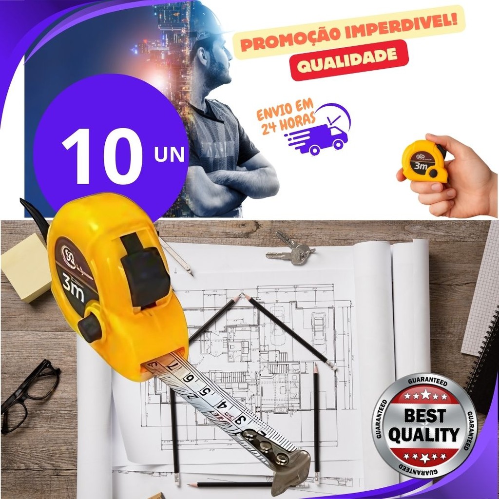 Kit 10 ou 5 un Trena  3m x 15,2mml c/ Trava Freio Manual, Agilidade na Aferição p/ Obras Reformas