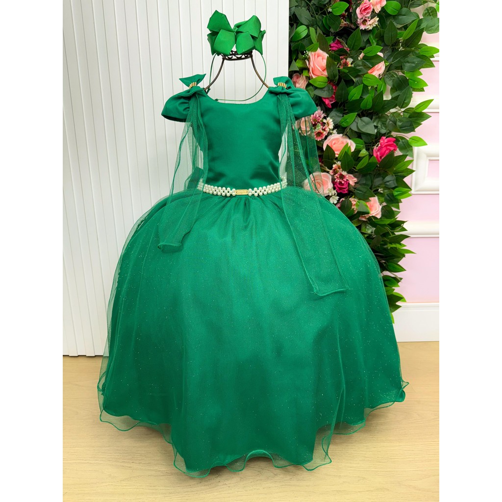 Vestido Infantil Menina Dama De Honra Daminha Formatura Longo Verde Bandeira Luxo Casamento Glitter
