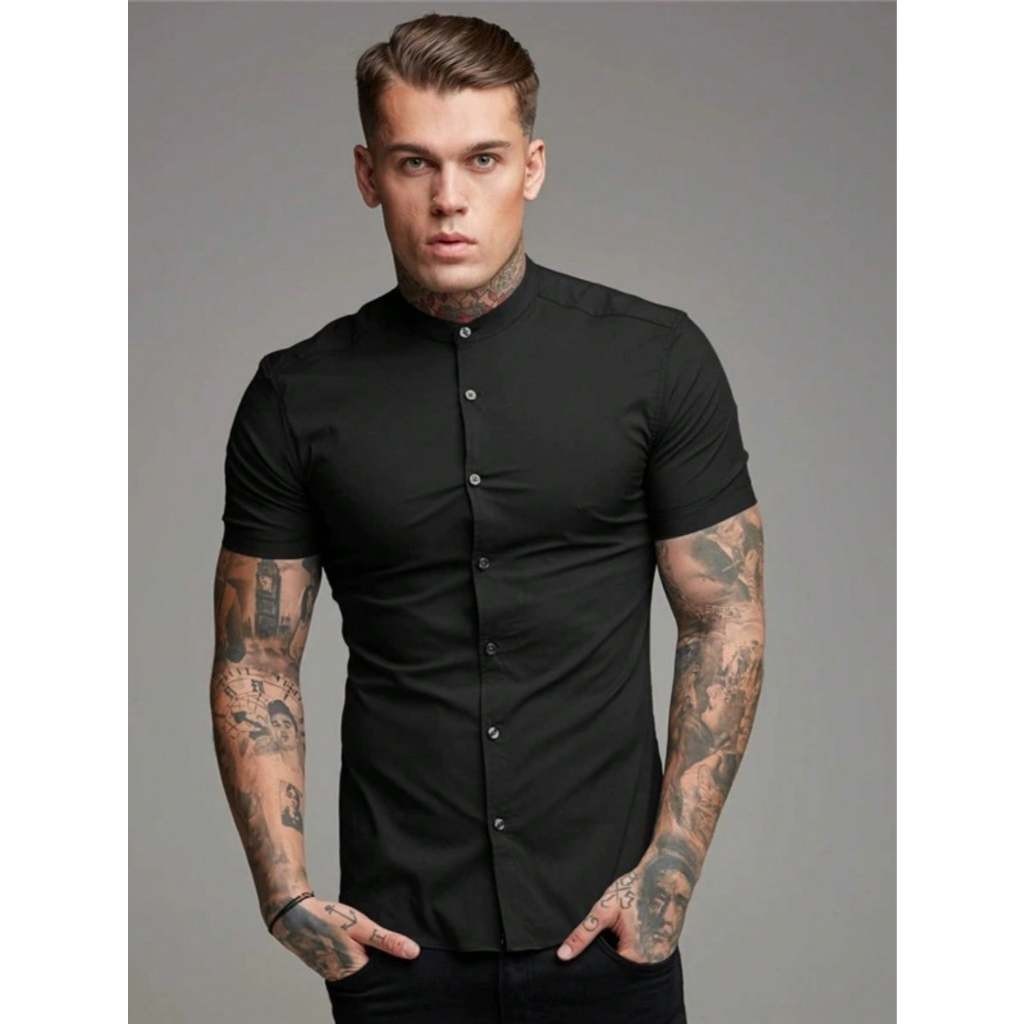 Camisa Social Masculina Gola Padre de Luxo Com Manga Curta Slim Fit Viscose Tecido Premium