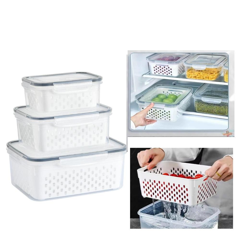 KIT 3 POTES ORGANIZADORES HERMETICO COM CESTO DRENAGEM GRANDE MULTIUSO PROFISSIONAL GELADEIRA MICROONDAS FREEZER DISPENS