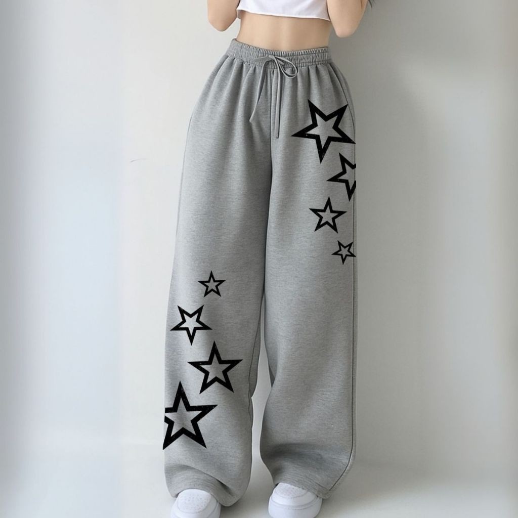 Calça Wide Baggy Estrelada Moda Y2k Despojada Com Tecido Moletom Peluciada em Oferta na Shopee