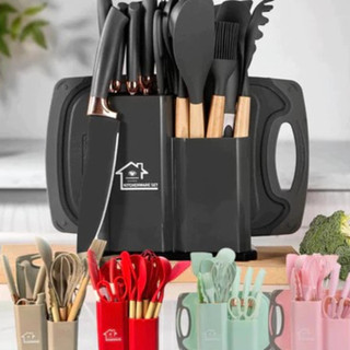 Kit Utensílios de Cozinha 12/19 Peças • Silicone com Cabo de Madeira • Completo e Resiste…