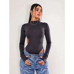 Body Costas Nuas Manga Longa Poliamida Recortes Elegante Lançamento Moda Blogueira