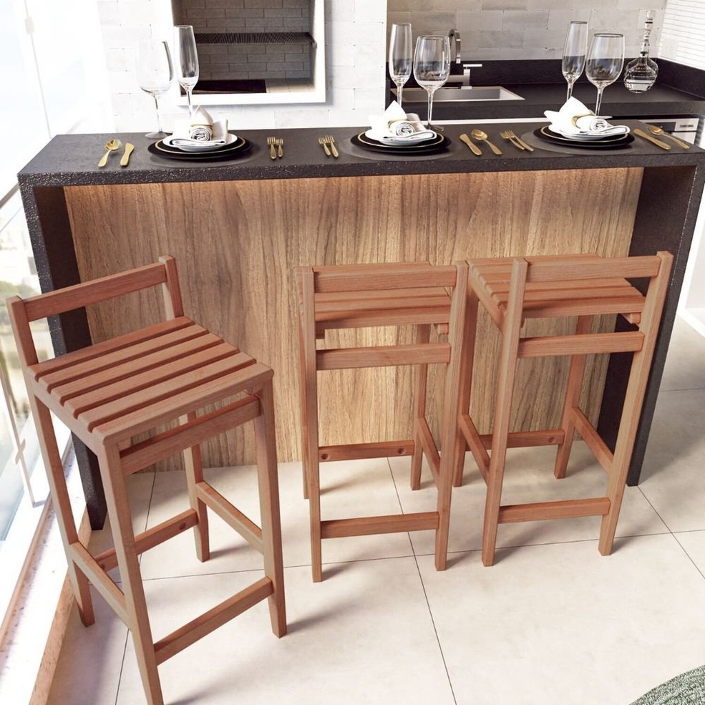 Conjunto 3 Banquetas Altas Bistrô Madeira Maciça 3 em Oferta na Shopee
