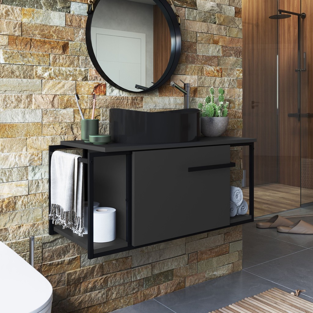 Gabinete Suspenso Para Banheiro 80cm P1019 Grafite Com Cuba Berlin Preta em Oferta na Shopee