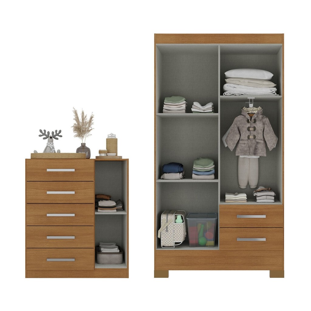 Detalhes do Quarto Infantil Completo Guarda Roupa 4 Portas 2 Gavetas com Cômoda Amy Espresso Móveis Cinamomo