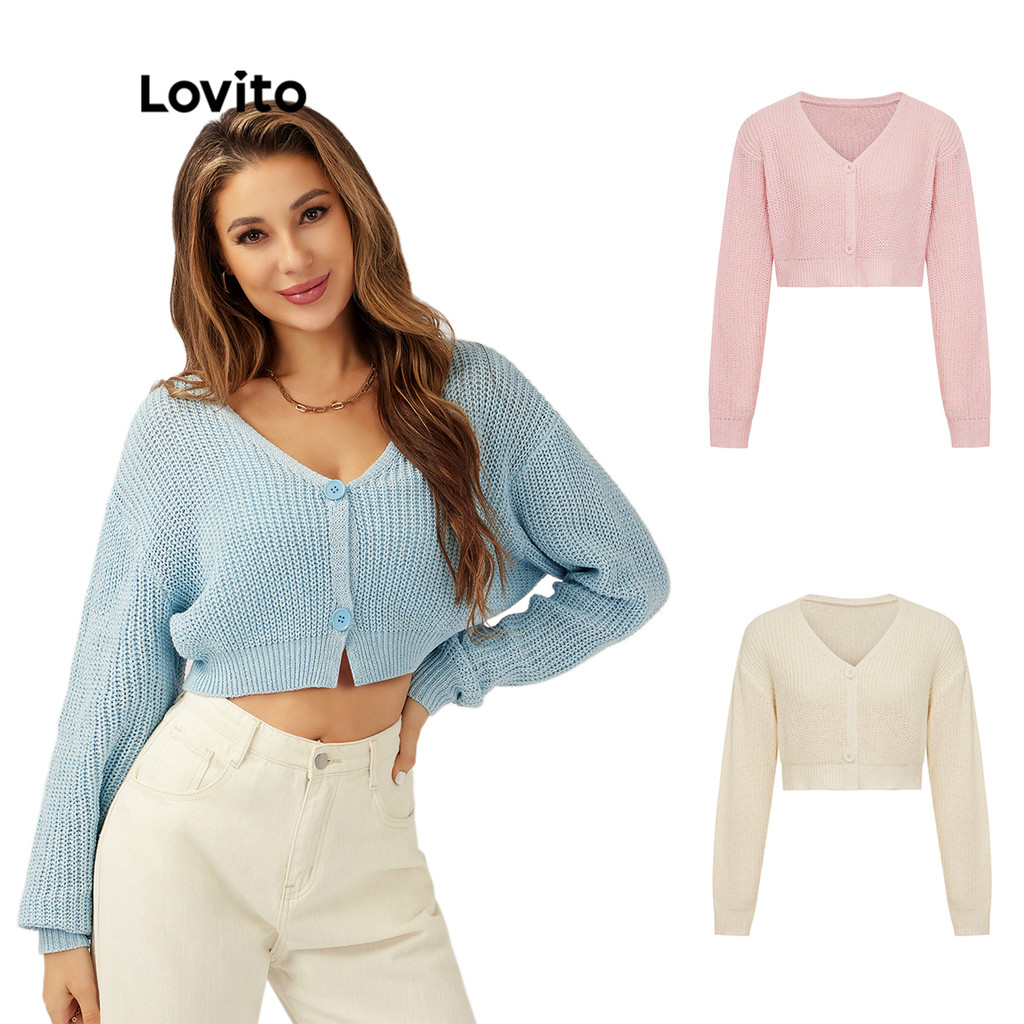 Lovito Cardigans Casuais Lisos Com Decote Em V Manga Comprida Botão Suéter Cardigã Para Mulheres L21LT110 (Azul Claro)
