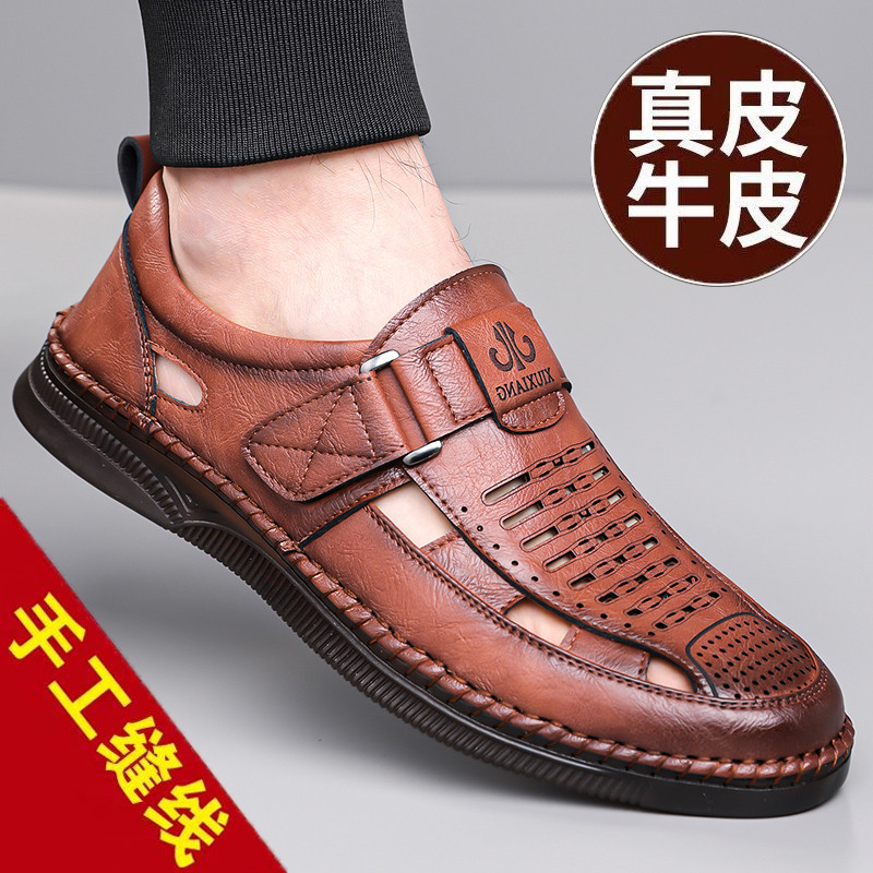 Sandálias masculinas novo estilo de couro genuíno sapatos casuais ocos verão sandálias respiráveis sapatos de couro sola