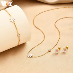 Conjunto De Joias De Flor De Zircônia Rosa De Aço Inoxidável Vnox Para Mulheres , Kit De Brinco De Colar De Pulseira , P