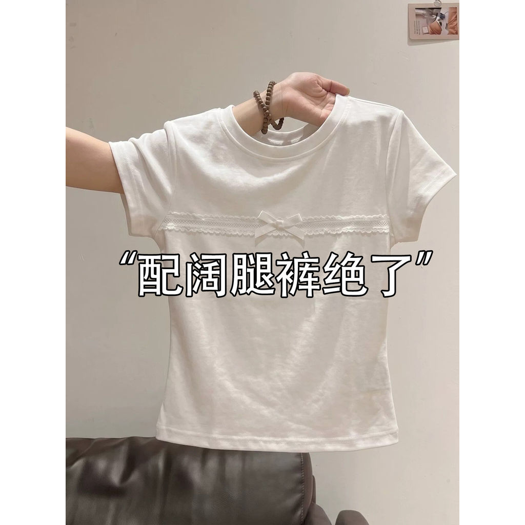 The Buster of the Pear Shape Figure ~ Sweet Summer Bow Stitching Oco Camiseta de manga curta feminina High-End Slim-Fit