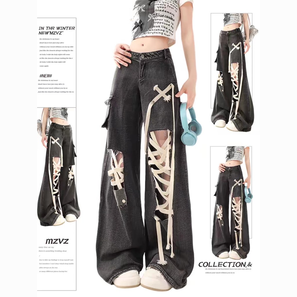 Calça Jeans rasgada feminina americana High Street Design solto tamanho grande calça reta perna larga junho