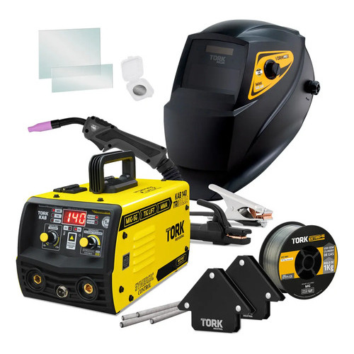 Maquina Solda Mig 140a Sem Gás 3 Em 1 Tig Eletrodo Mascara Amarelo/preto 127/220v