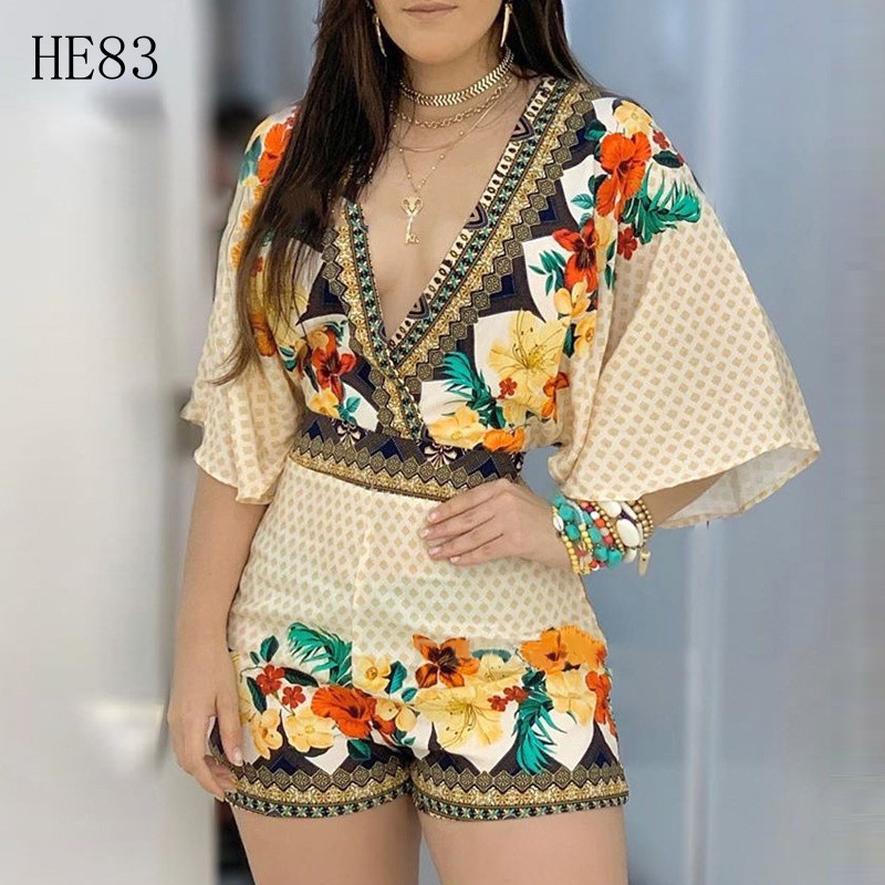 Macacão Casual Feminino 2026, Estampa Floral de Verão, Manga 3/4, Macacão com Costas Abertas, Roupas Femininas KH739