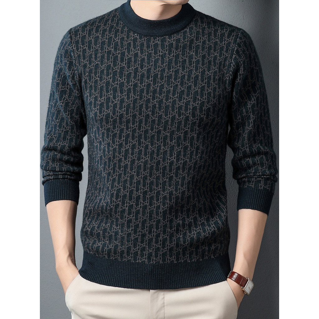 Camisola masculina Jacquard em torno do pescoço engrossado meia-idade jovem pai camisola fina xadrez Casual pulôver meia