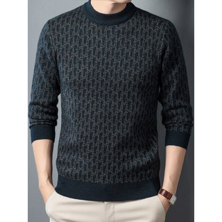 Camisola masculina Jacquard em torno do pescoço engrossado meia-idade jovem pai camisola fina xadrez Casual pulôver meia