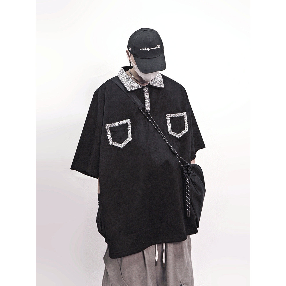 UUCSCC Street Wear High Street Design Camisa POLO Bordada com Lantejoulas Hip Hop Solta Manga Curta Meia Manga Camiseta