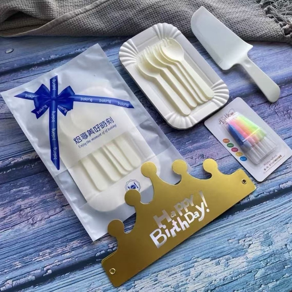 Prato de papel para bolo de alta qualidade, prato de jantar descartável, faca, garfo, combinação, cinco em um, vela, tal