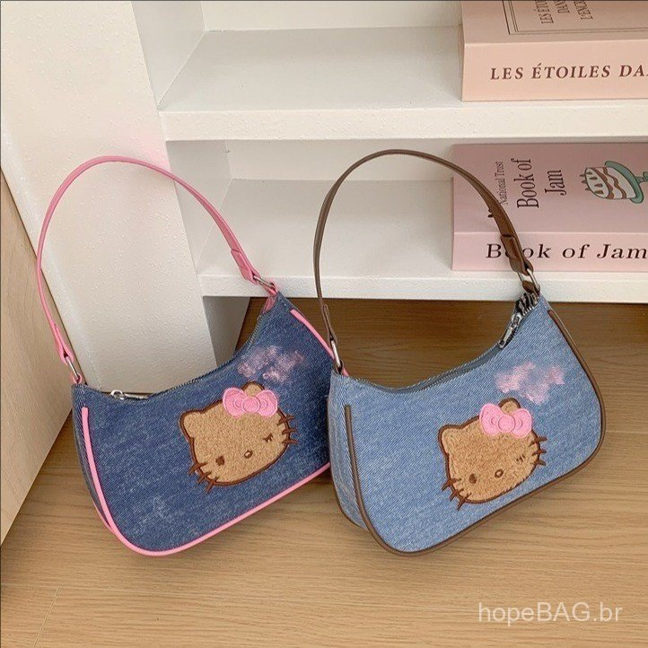 Bolsa de ombro de jeans bordada com estampa de gatinho, estilo feminino doce e moderno, mini bolsa portátil para usar de