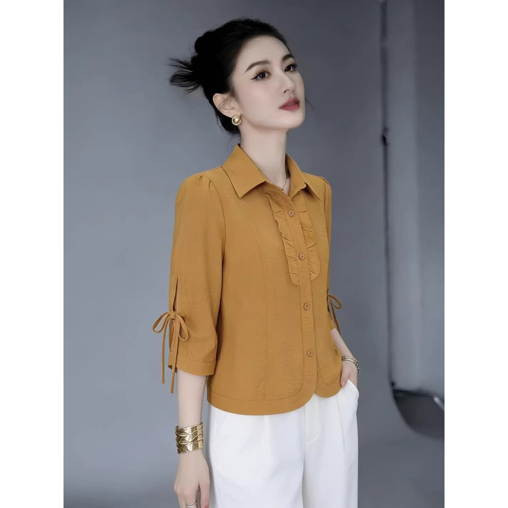 Moda de manga média Chiffon camisa senhoras primavera verão novo estilo estilo ocidental mãe de meia-idade usar capa sol