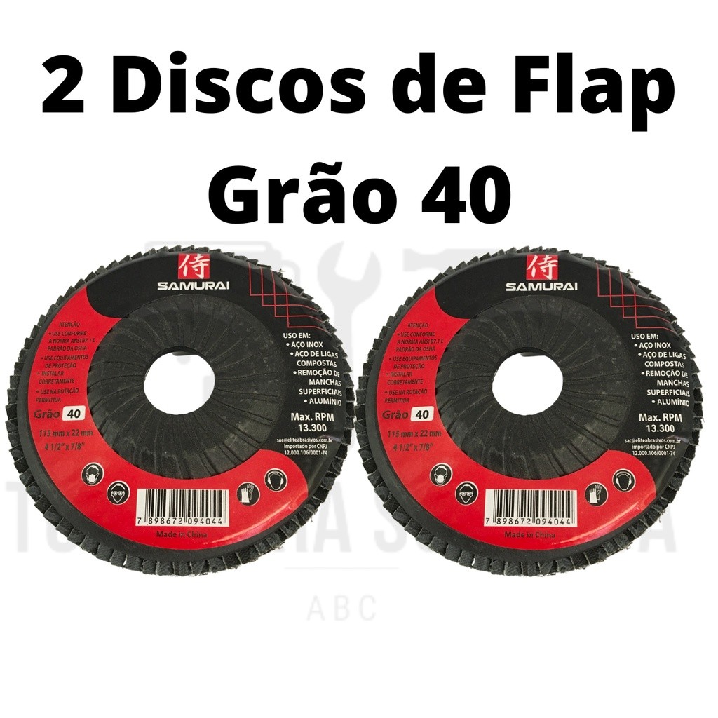 Jogo Disco Flap 4.1/2 Grão 40 - 2 UNI - Usado para Lixar/Polir/Remover Manchas