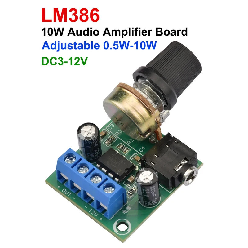 Placa Amplificadora de Áudio LM386 10W Mono 3.5mm DC 3-12V com Controle de Volume, Módulo Mini AMP com Volume Ajustável