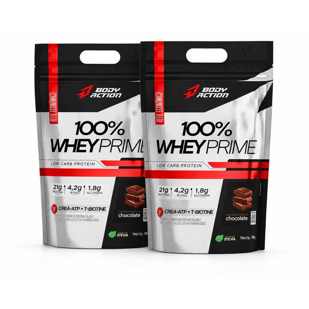 Kit com 2 Whey 100% Prime 900g Sabor Chocolate - Body Action