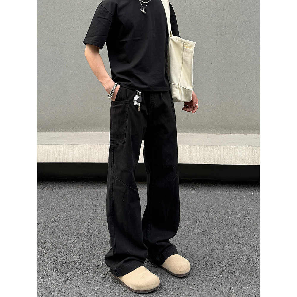 Macacão preto com vários bolsos High Street masculino americano retrô reto solto ligeiramente Jeans calças de limpeza