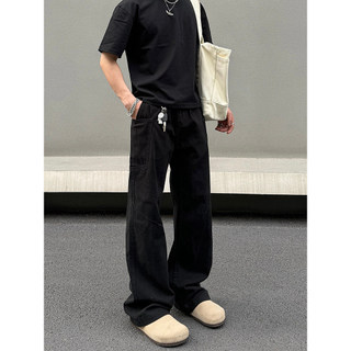 Macacão preto com vários bolsos High Street masculino americano retrô reto solto ligeiramente Jeans calças de limpeza