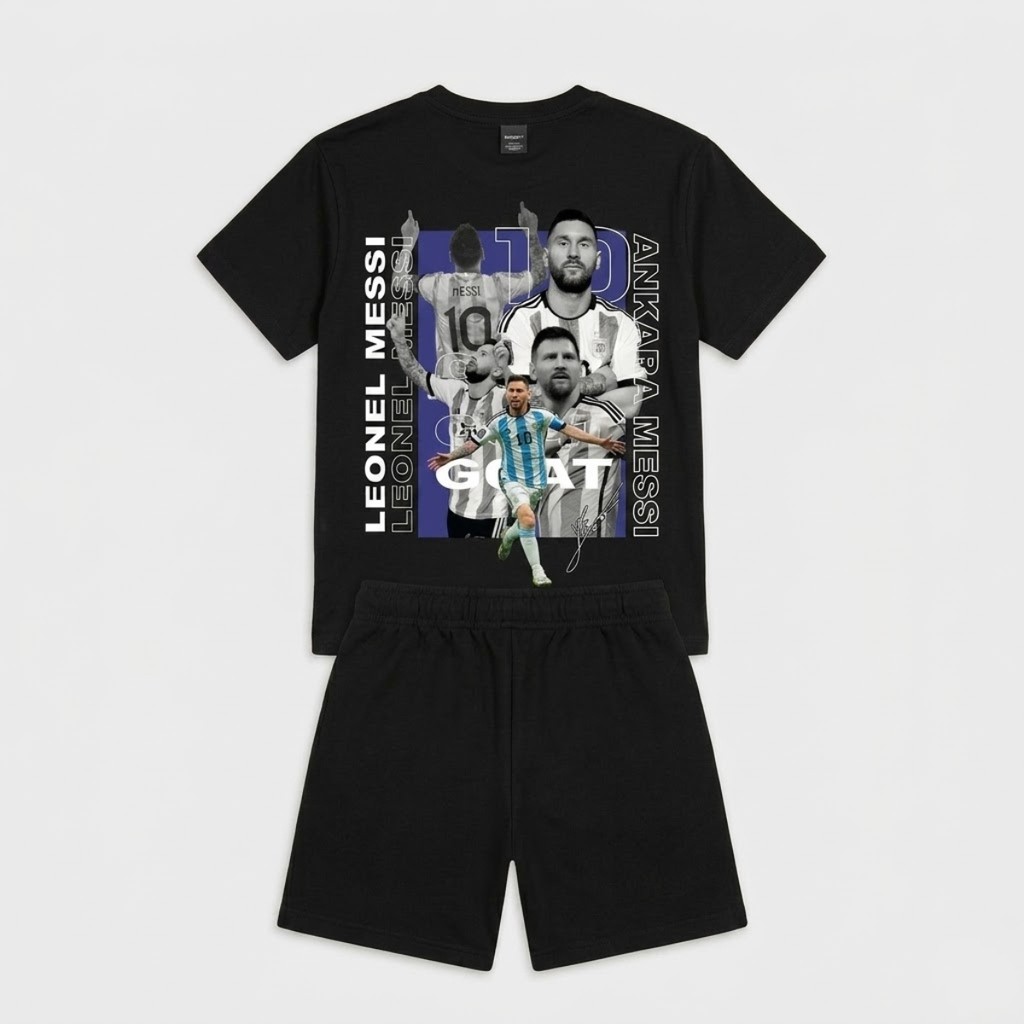 Conjunto Infantil Messi Goat Camiseta Estampada e Bermuda Casual Futebol Menino Confortável Número 10