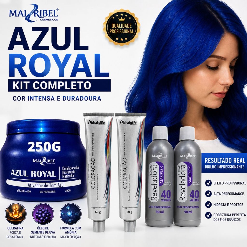 Tinta Azul para Cabelo Azul Royal Kit 2 Tintas 2 OX 40V e Matizador 250g Cor Duradoura