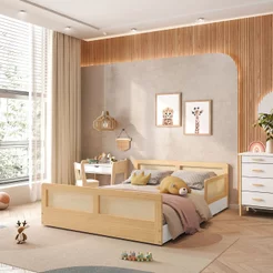 Cama Montessoriano Casal Lift em Madeira Maciça com Rattan 1 Grade Casatema MadeiraOriginals Bege/Branco/Marrom