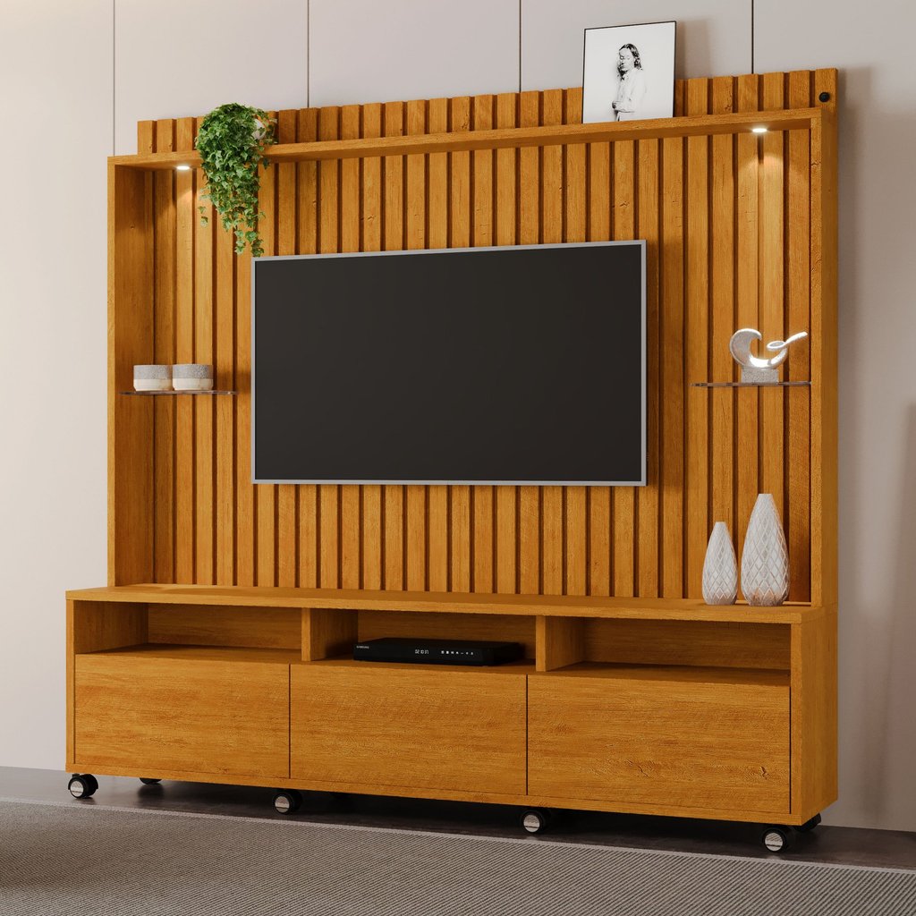 Estante e Home Theater Ripado para TV até 60 Polegadas MDF 190cm Led Tvs de com 3 Gavetas Absoluto Marrom Naturale