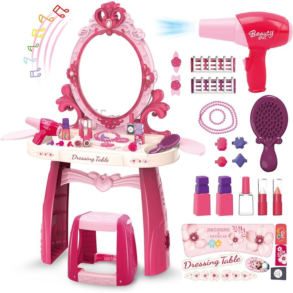 Mesa de Maquiagem Infantil com Espelho e Cadeira, Conjunto de Maquiagem para Crianças com Luz e Música, Acessórios de Ma