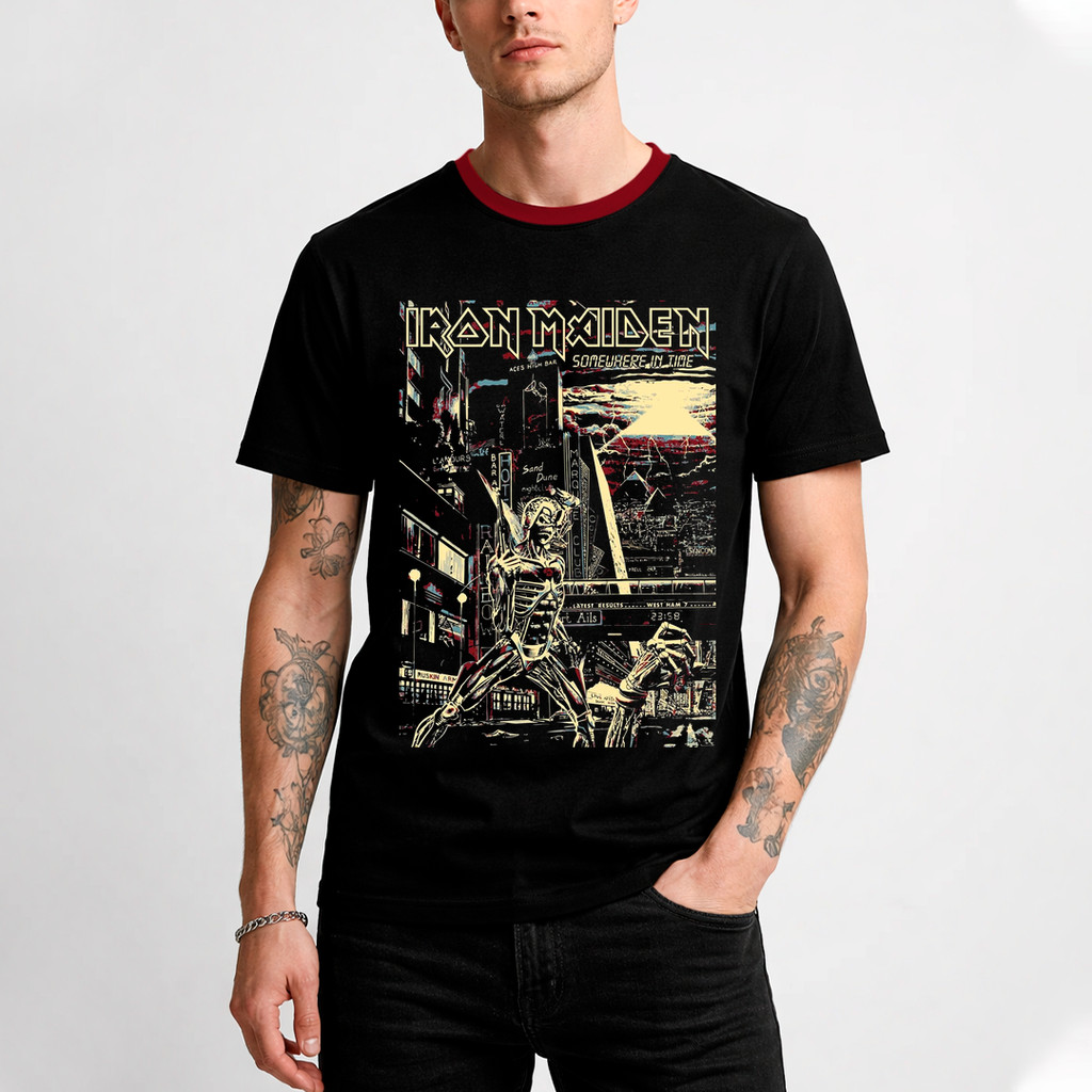 Camiseta Algodão Unissex Iron Maiden Somewhere In The time Camisa Masculino T-Shirt Feminino 