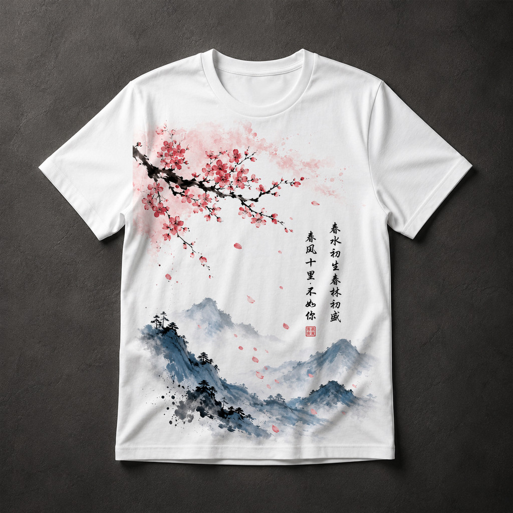 Camiseta Masculina Cerejeira Japonesa Aquarela Oriental Arte Asiática Flor de Sakura Premium