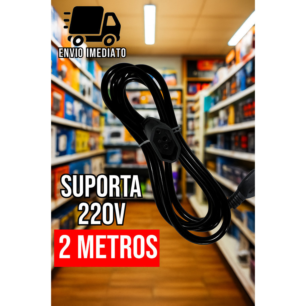 Prolongador Preto e Extensão Elétrica Extensor de Cabo 2 Metros Bivolt 110v e 220v