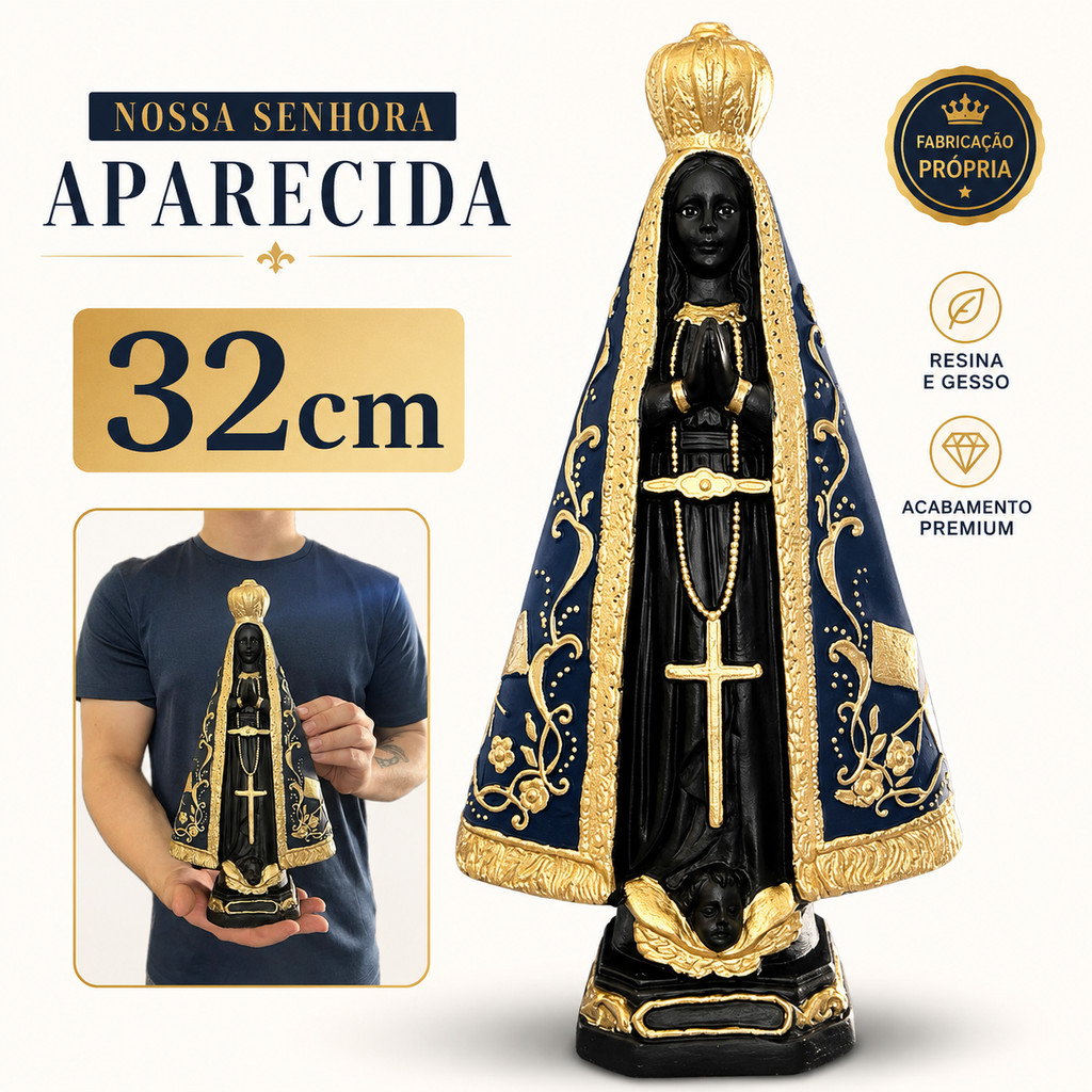 Nossa Senhora Aparecida Italiana 32cm Resina e Gesso - Imagem Premium Azul e Dourado
