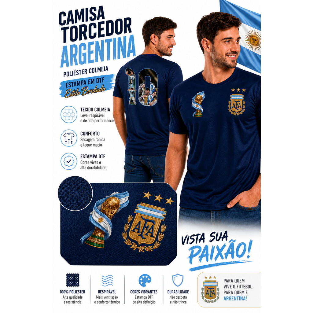 Camisa Torcedor Argentina Poliéster Colmeia Estampa DTF Estilo Bordado Futebol Masculina