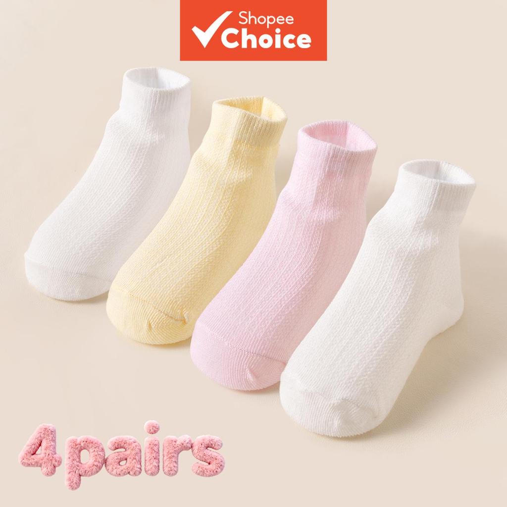 4 Pares De Meias De Algodão Para Meninas , Cor Lisa , Malha Respirável , Estilo Escolar , Cores Pastel Crianças