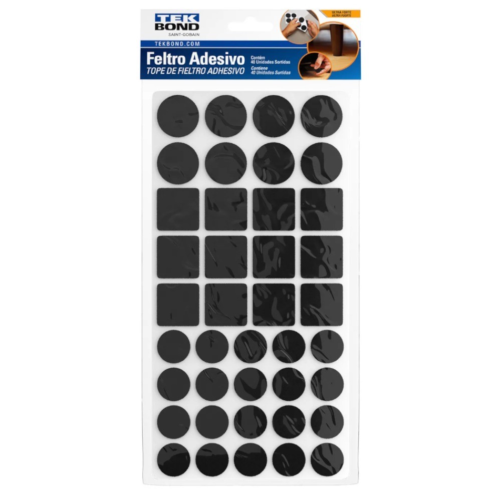 Feltro protetor adesivo com formatos sortidos preto 40 unidades - TekBond