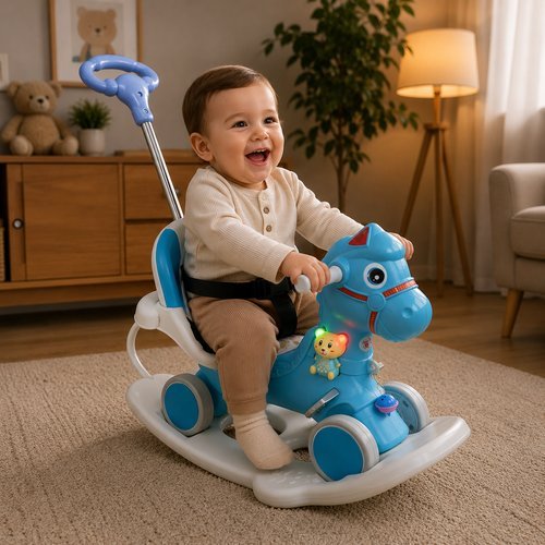 Cavalinho Infantil Multifuncoes Empurrador Balanço Luz Sons Educativo Azul