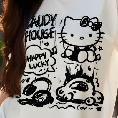 Novo Lançamento Camiseta Camisa Oversized 100% Algodão Feminina Fofa Casual Street Confortavel Estilosa Hello Caudy