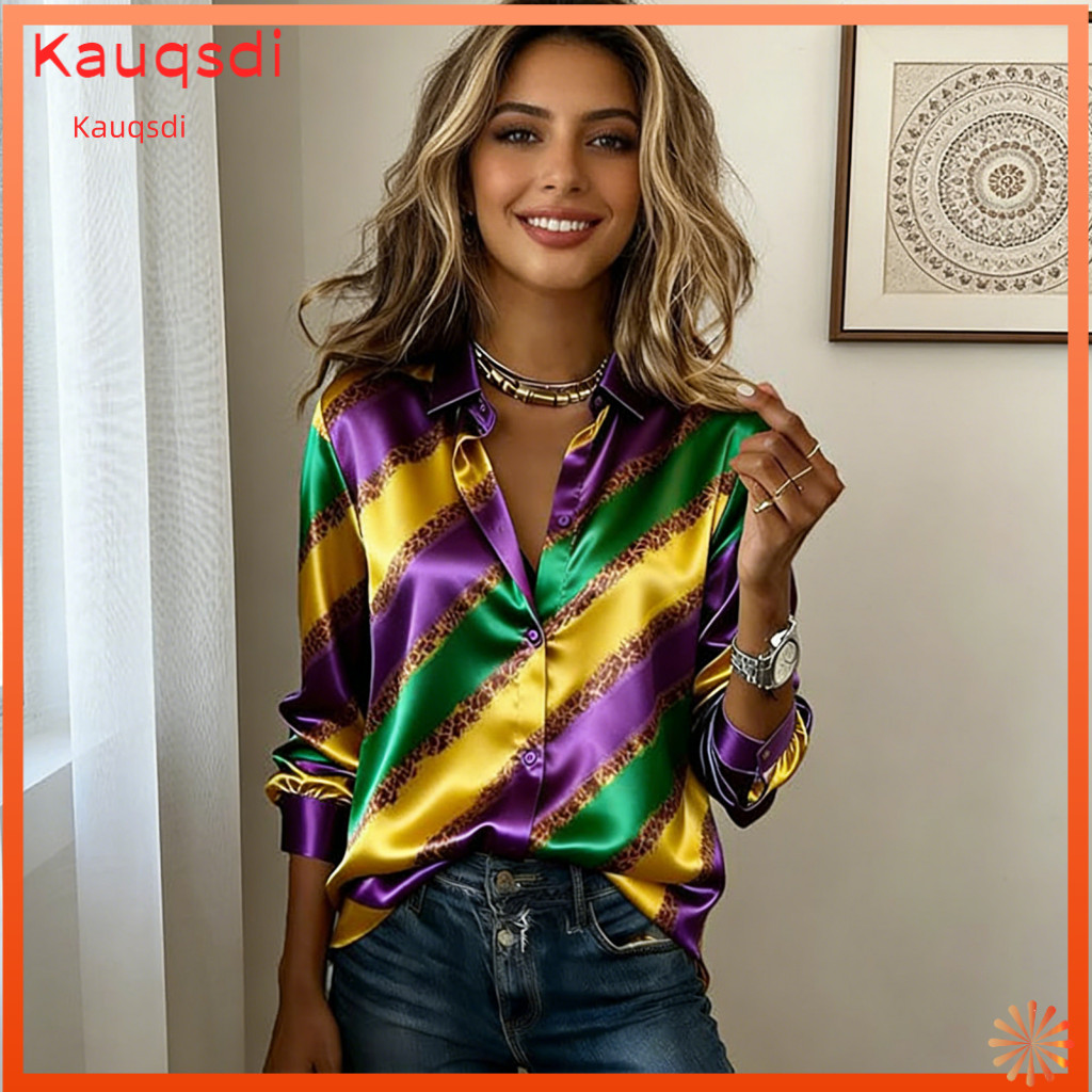 Mardi Gras Wear Women Shirt Women’s Striped Long Sleeve Lapel Button-down Loose Fit Festival Top Soft Fabric Party Blo