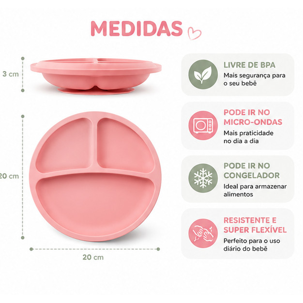 Prato Infantil de Silicone com Ventosa e Divisórias para Introdução Alimentar do Bebê