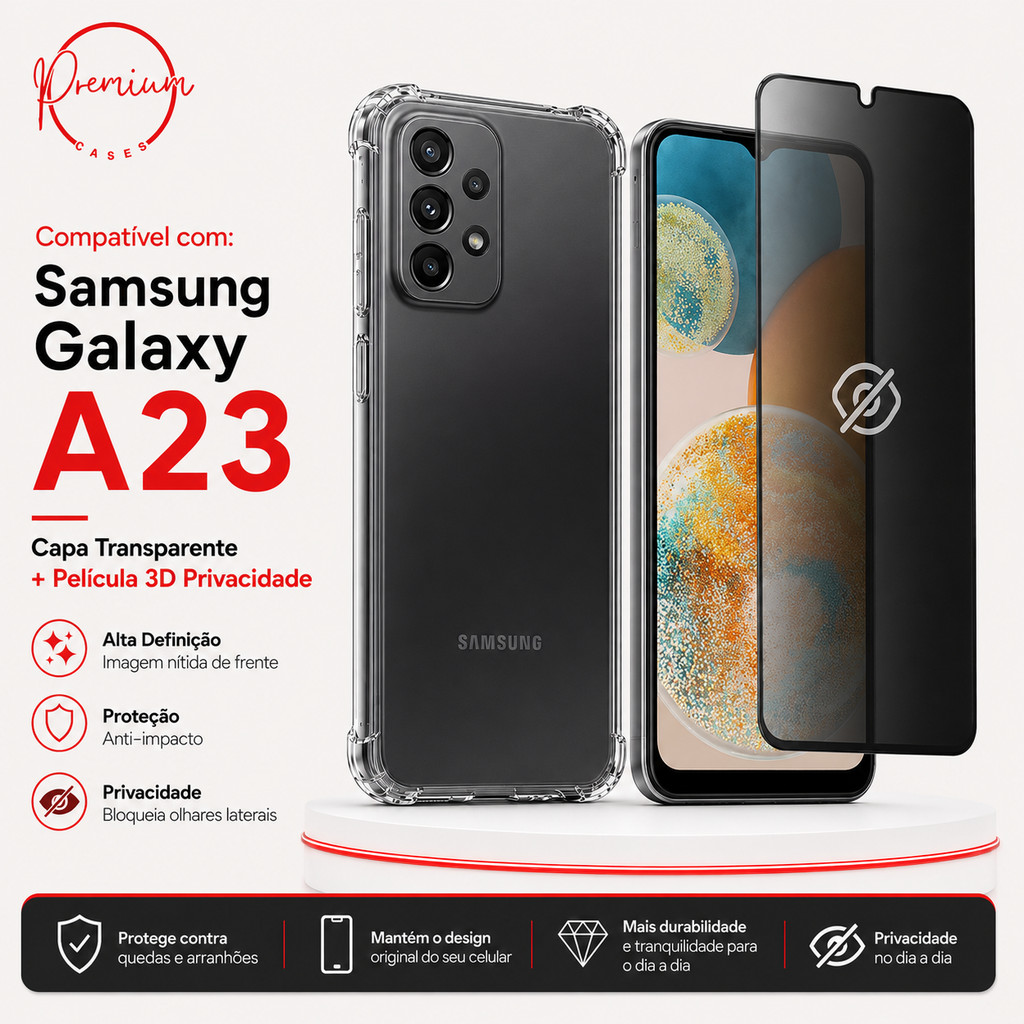 Capa Capinha Anti Impacto Compatível Com Galaxy A23 E/OU Película 3D Privacidade Anti Spy Espião