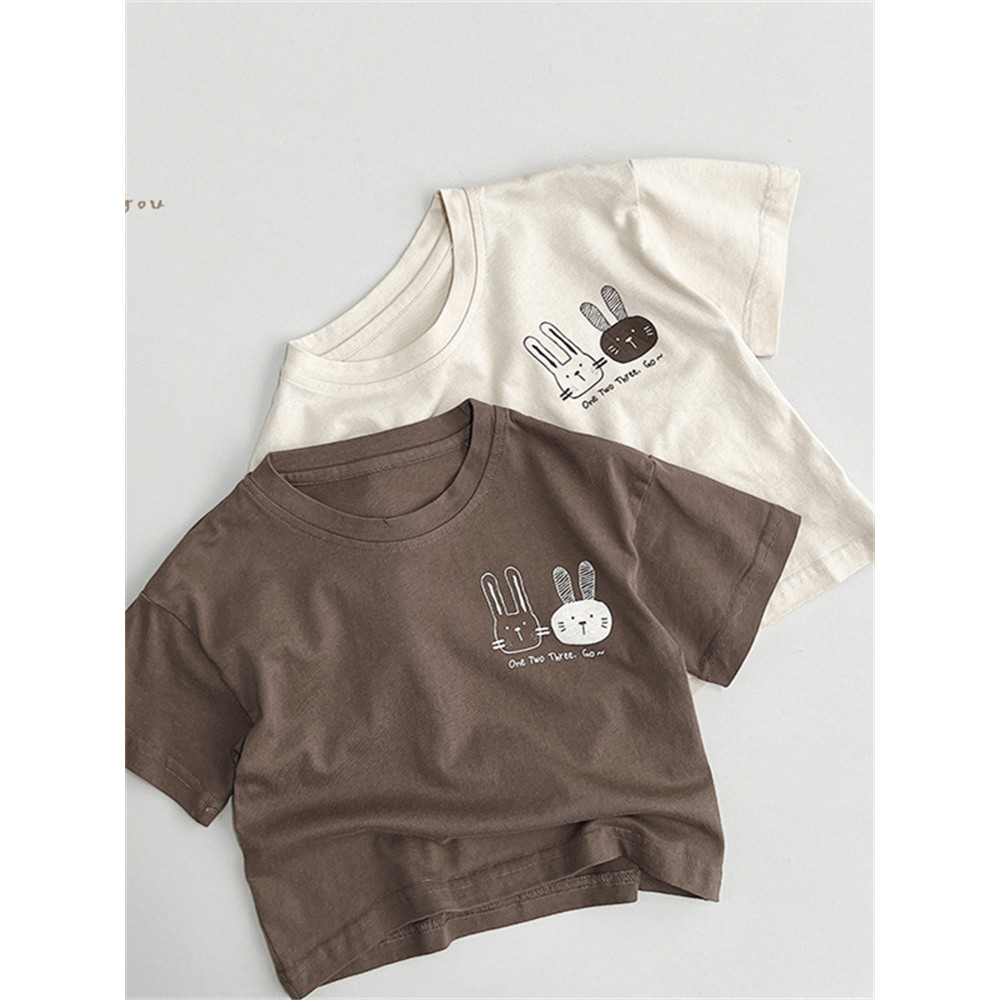Crianças coelho impresso camiseta de manga curta verão estilo fino versão coreana meninos meninas puro algodão topos beb