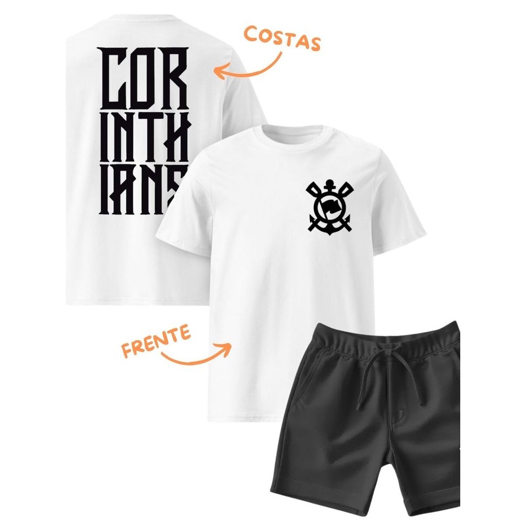 Kit Infantil Camiseta e Short Moletinho Time Timão Fiel Conjunto Blusa e Bermuda de Moletom Camisa Coringão 100% Algodão