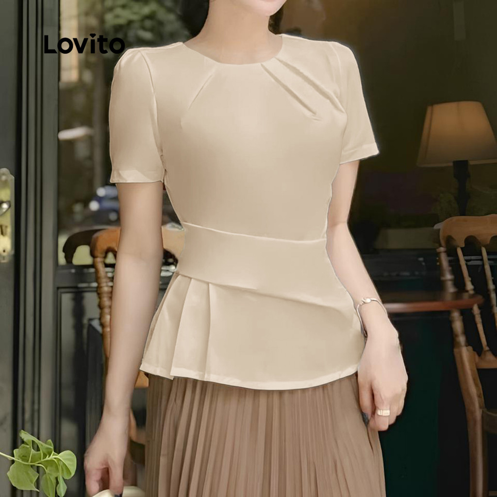 Detalhes do Lovito Blusa Elegante Assimétrica Primavera/verão Blusa Caqui para Mulheres L142LD436
