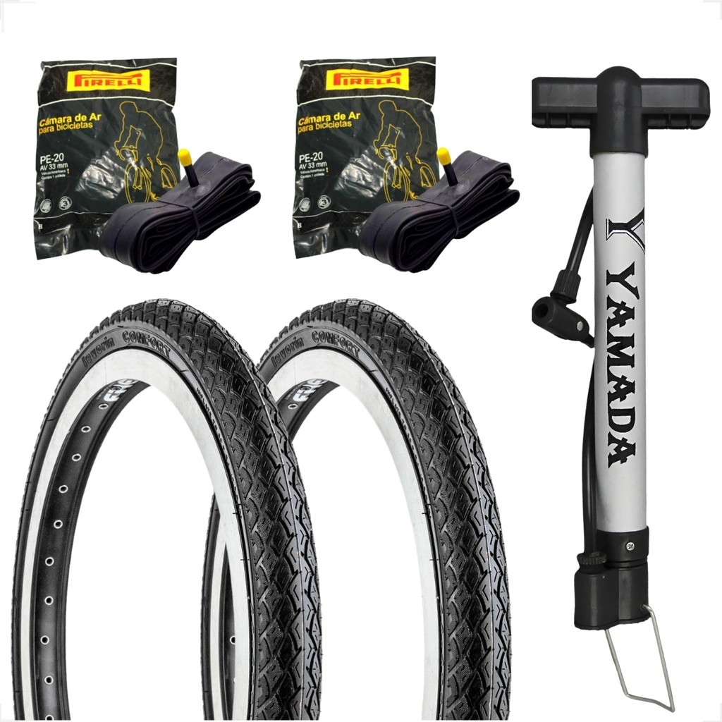 Par Pneu Bicicleta Levorin Comfort Balão Aro 20 x 1.75 Liso + Par Camara Pirelli + Bombinha de ar