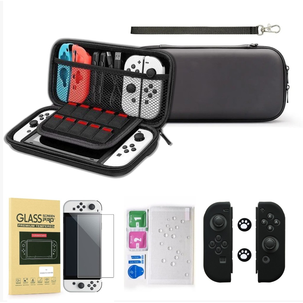 Kit Acessórios Bolsa Preta Película Capa Protetora Nintendo Switch OLED